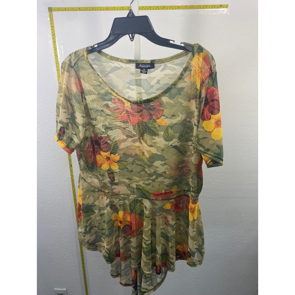 Rouge Collection Camo Floral Sheer Mesh Peplum Top Plus Size 4X High Low Blouse